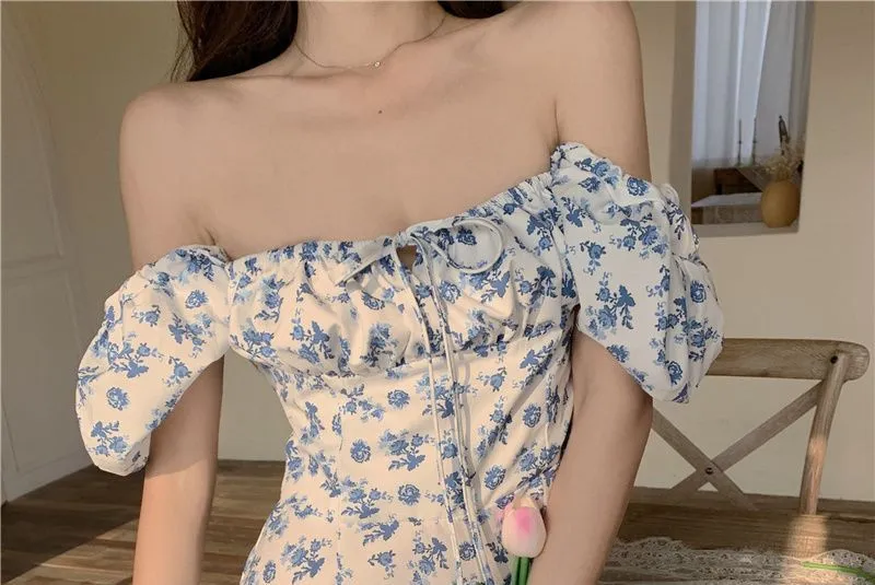 Off shoulder floral print slit deals maxi dress